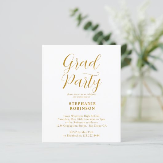 Einladung zur Gold Script Graduation Party (Stehend Vorderseite)