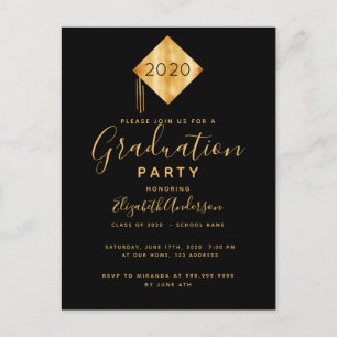 Einladung zur Graduation Party Cap Black Gold 2025 Postkarte