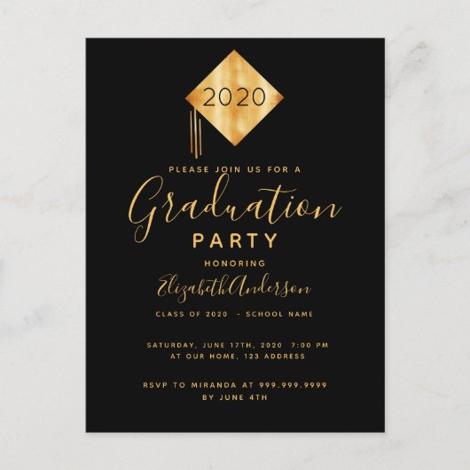 Einladung zur Graduation Party Cap Black Gold 2025 Postkarte (Vorderseite)