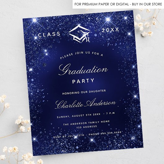 Einladung zur Graduation Party Marine Blue Glitzer