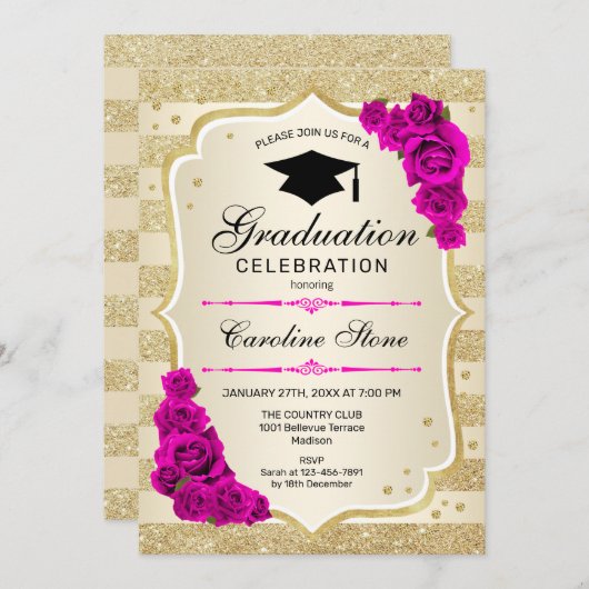 Einladung zur Graduiertenparty - Gold Hot Pink (Vorne/Hinten)