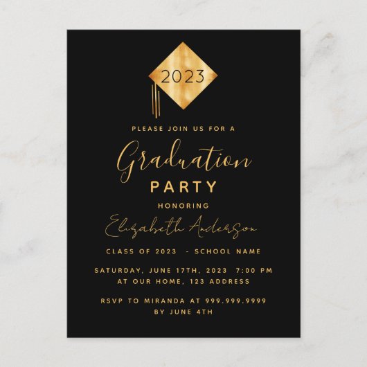 Einladung zur Graduiertenparty topper black gold Postkarte (Vorderseite)