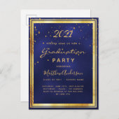 Einladung zur Graduierungsparty mit blauem Gold Postkarte (Vorne/Hinten)