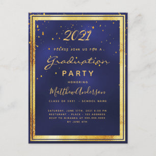 Einladung zur Graduierungsparty mit blauem Gold Postkarte