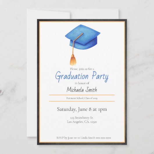 Einladung zur Graduierungsparty mit blauer Kappe (Vorderseite)