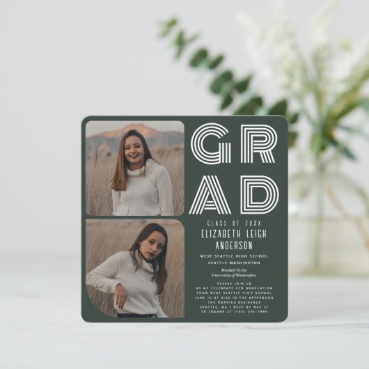 Einladung zur Green Reto Foto Graduation Party (Stehend Vorderseite)
