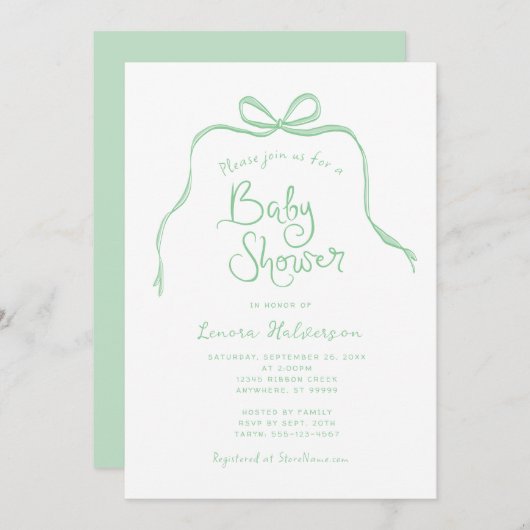 Einladung zur Green Simple Bow Baby Dusche (Vorne/Hinten)
