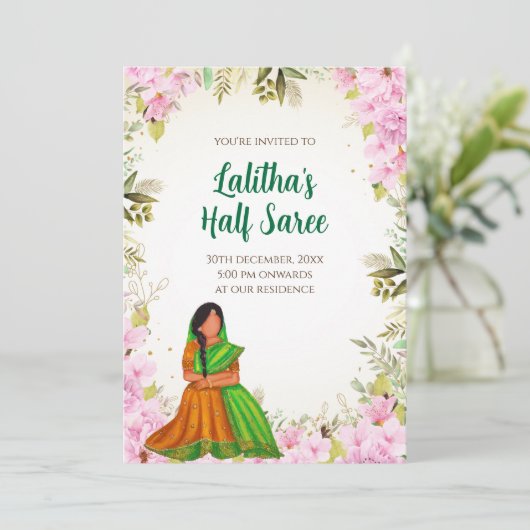 Einladung zur Half Saree Evite Indian Saree-Funkti (Stehend Vorderseite)