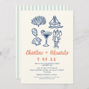 Einladung zur handgezogenen Coast Retro Hochzeit