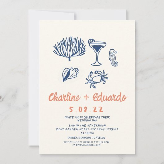 Einladung zur handgezogenen Coast Retro Hochzeit (Vorderseite)