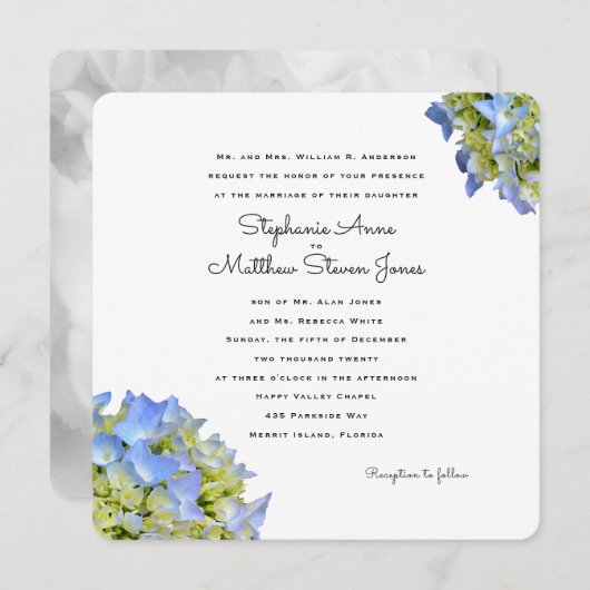 Einladung zur Hochzeit am hellblauen Blumenplatz (Vorne/Hinten)