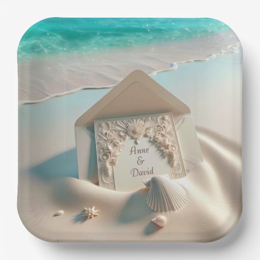 Einladung zur Hochzeit am Strand Pappteller (Vorderseite)