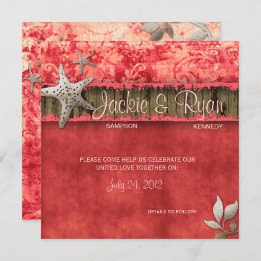 Einladung zur Hochzeit am Strand Seashell Coral Re (Vorne/Hinten)