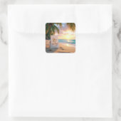 Einladung zur Hochzeit am tropischen Strand Quadratischer Aufkleber (Tasche)
