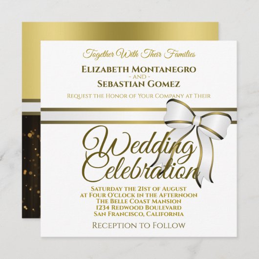 Einladung zur Hochzeit am White & Gold Ribbon Squa (Vorne/Hinten)