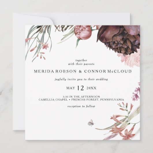 Einladung zur Hochzeit auf dem Burgundy Boho Flora (Vorderseite)