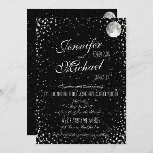 Einladung zur Hochzeit | Black Starry Night Moon (Vorne/Hinten)