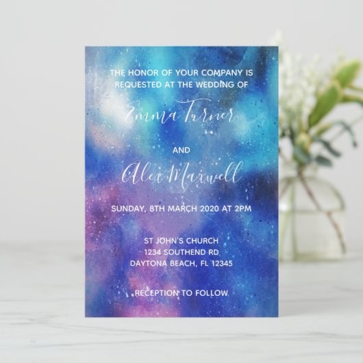 Einladung zur Hochzeit | Blue Watercolor Script (Stehend Vorderseite)