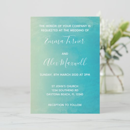 Einladung zur Hochzeit | Blue Watercolor Script (Stehend Vorderseite)