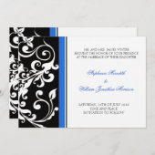 Einladung zur Hochzeit - Blumen - Schwarz/Blau (Vorne/Hinten)