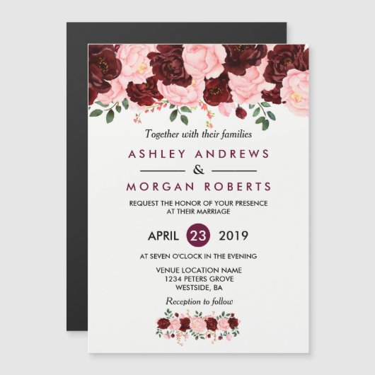 Einladung zur Hochzeit: Blush Pink Burgundy Floral (Vorne/Hinten)