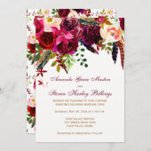 Einladung zur Hochzeit - Burgunder Blüte, Federn (Vorne/Hinten)