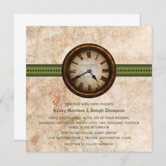 Einladung zur Hochzeit der antiken Uhr, grün (Vorne/Hinten)