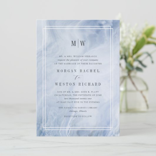 Einladung zur Hochzeit der Blue Opal Monogram (Stehend Vorderseite)