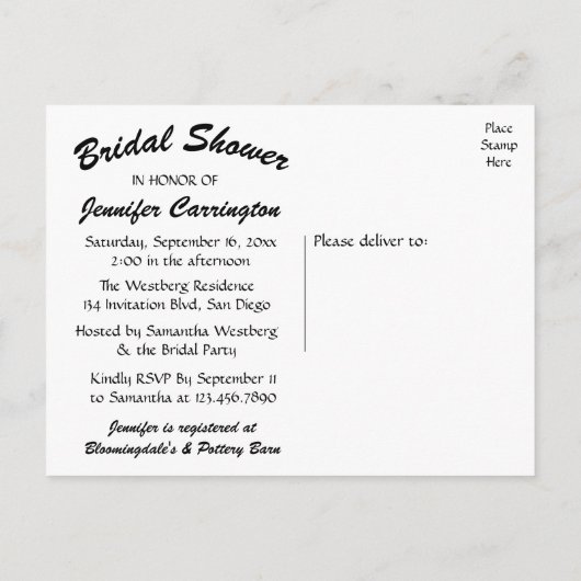 Einladung zur Hochzeit der Brautdusche in Schwarz (Rückseite)