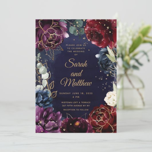 Einladung zur Hochzeit der Burgund Navy (Stehend Vorderseite)