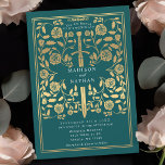 Einladung zur Hochzeit des aquamarinen Königlichen<br><div class="desc">Set den Ton für deine mittelalterliche Fantasy-Hochzeit mit einem kühnen Einladungs-Design - ein großes Goldschwert umgeben von Blumen vor einem aquamarinen Hintergrund. Ideal für Paare,  die von einer epischen,  romantischen Feier träumen. Machen Sie Ihre Liebe von Anfang an legendär! HINWEIS: Das Gold in diesem Design ist KEINE echte Folie.</div>