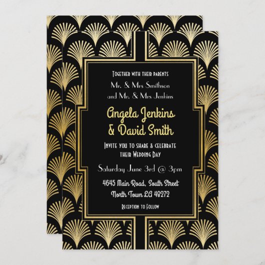 Einladung zur Hochzeit des Black Gold Art Deco Fan (Vorne/Hinten)
