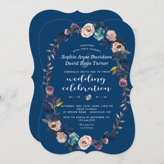 Einladung zur Hochzeit | Dusty Blue Pink Floral Wr (Vorne/Hinten)