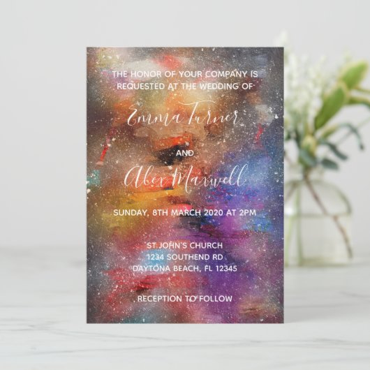 Einladung zur Hochzeit | Galaxy Watercolor-Skript (Stehend Vorderseite)