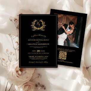 Einladung zur Hochzeit Gold Black Wappen QR Monogr