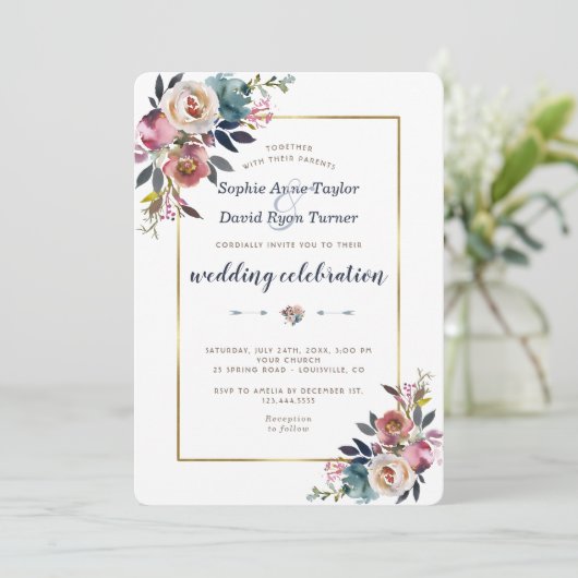 Einladung zur Hochzeit | Gold Dusty Blue Pink Flor (Stehend Vorderseite)