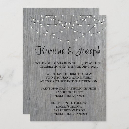 Einladung zur Hochzeit Grau, Holz, String Light (Vorne/Hinten)