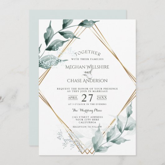 Einladung zur Hochzeit | Grayed Jade Green Botanic (Vorne/Hinten)