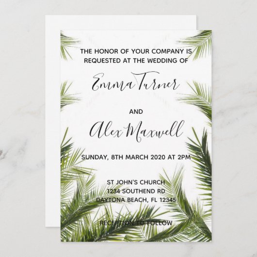 Einladung zur Hochzeit | Green Tropical Palm Scrip (Vorne/Hinten)