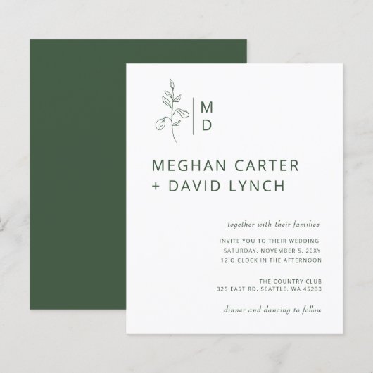 Einladung zur Hochzeit grüner Botanischer Monogram (Vorne/Hinten)