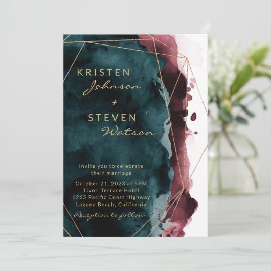 Einladung zur Hochzeit im aquamarinen und Burgund- (Stehend Vorderseite)