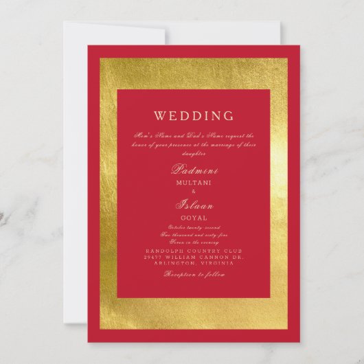 Einladung zur Hochzeit im indischen Rot- und Golds (Vorderseite)