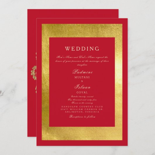 Einladung zur Hochzeit im indischen Rot- und Golds (Vorne/Hinten)