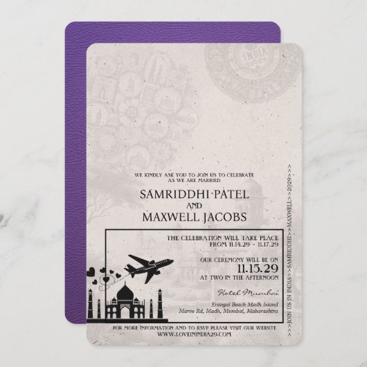 Einladung zur Hochzeit im lila Indien (Vorne/Hinten)