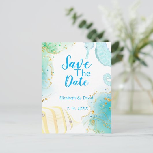 Einladung zur Hochzeit im tropischen Ozean Postkar Postkarte (Stehend Vorderseite)