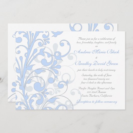Einladung zur Hochzeit in Blassblau, Grau und Weiß (Vorne/Hinten)