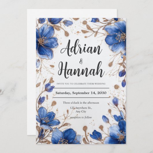 Einladung zur Hochzeit in Blau und Gold (Vorne/Hinten)