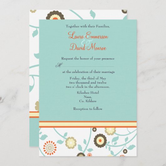 Einladung zur Hochzeit in Blau und Orange (Vorne/Hinten)