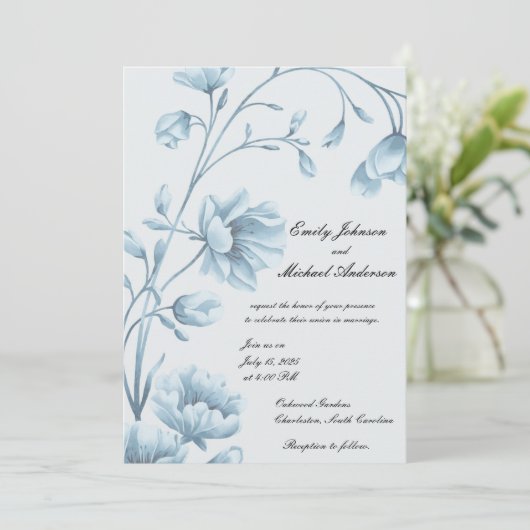 Einladung zur Hochzeit in Blauer Flora (Stehend Vorderseite)