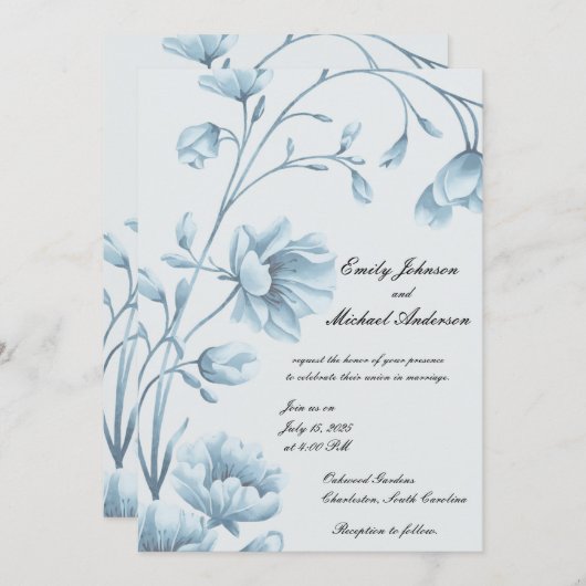 Einladung zur Hochzeit in Blauer Flora (Vorne/Hinten)